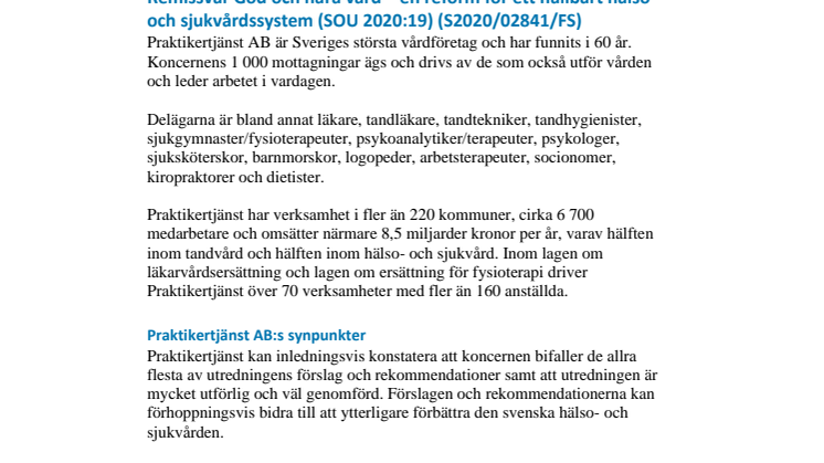 Remissvar God och nära vård – en reform för ett hållbart hälso- och sjukvårdssystem (SOU 2020:19)