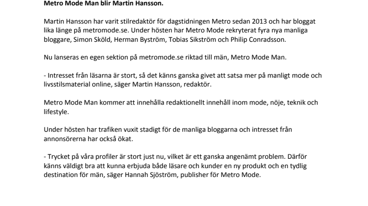 Metro Mode satsar på männen