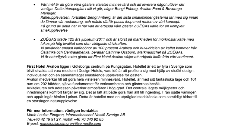 First Hotel Avalon väljer ZOÉGAs för bästa smakupplevelse 