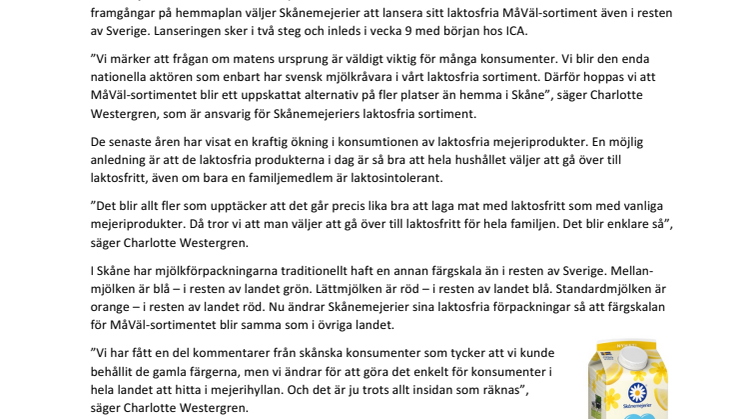 Skånemejerier lanserar laktosfritt sortiment i hela Sverige