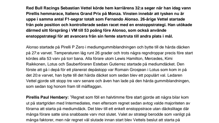 Vettel dominerar Pirellis hemmatävling med enstoppstrategi