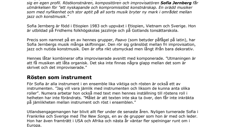 Jazzpriset 2008 till Sofia Jernberg