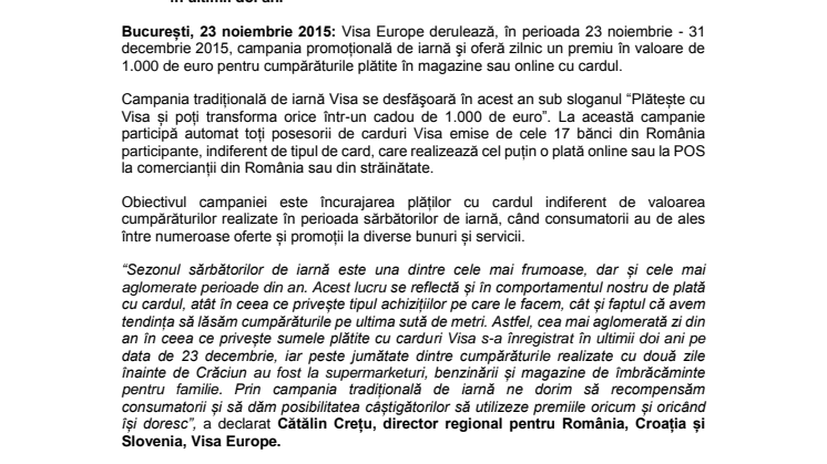 Plăţile cu cardul Visa aduc premii de 1.000 euro zilnic în perioada sărbătorilor de iarnă