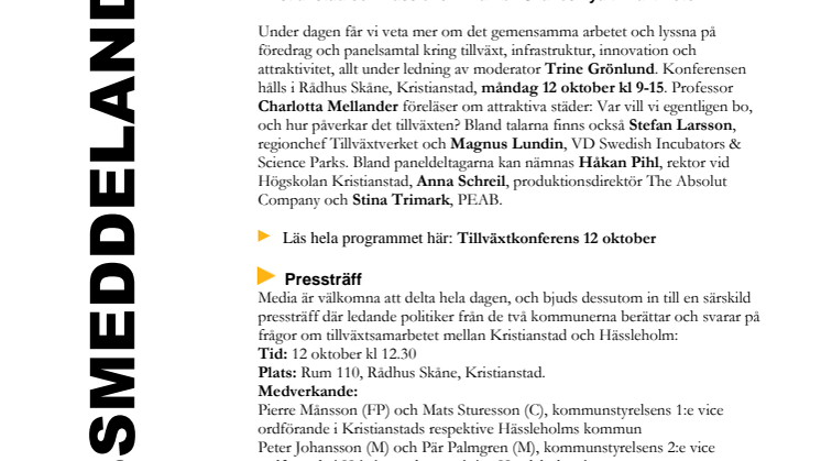 Pressinbjudan 12 oktober: Kristianstad-Hässleholm som tillväxtmotor
