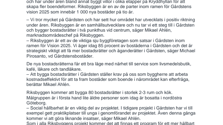 Riksbyggen får markanvisning för 80 bostäder i Gårdsten