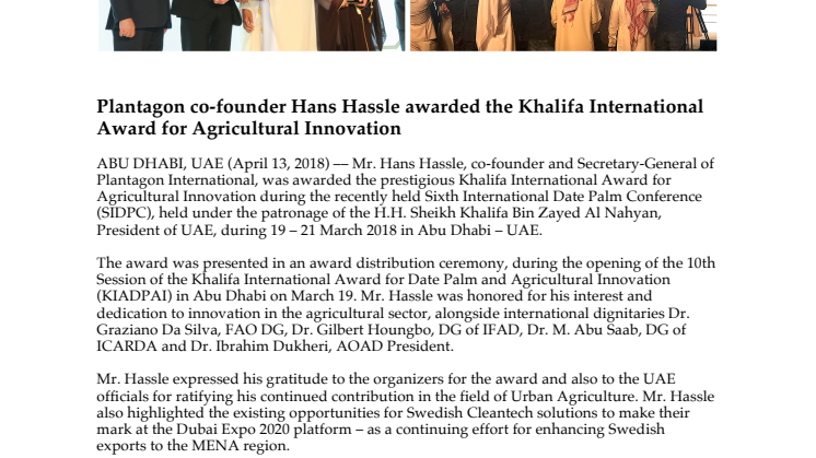  Hans Hassle, Plantagon, awarded the Khalifa International Award for Agricultural Innovation