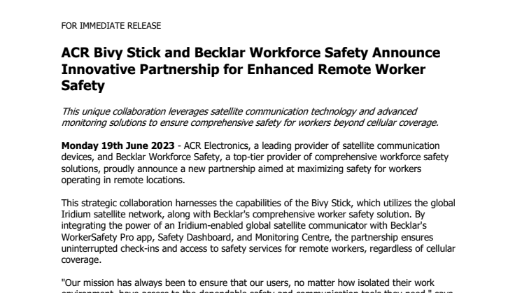 June 19 2023 - ACR Bivy Stick and Becklar Workforce Safety Announce Innovative Partnership.pdf