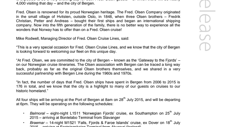 Fred. Olsen Cruise Lines’ fleet comes together for the first time ever – in Bergen – on 28th July 2015