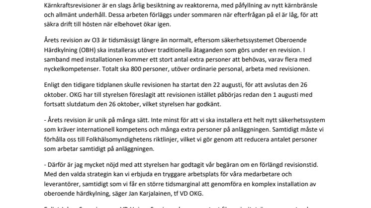 OKG förlänger årets revision på Oskarshamn 3