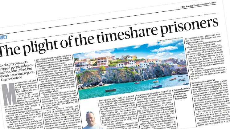 Sunday times article about ECC's battle to protect timeshare victims.  September 3rd 2023