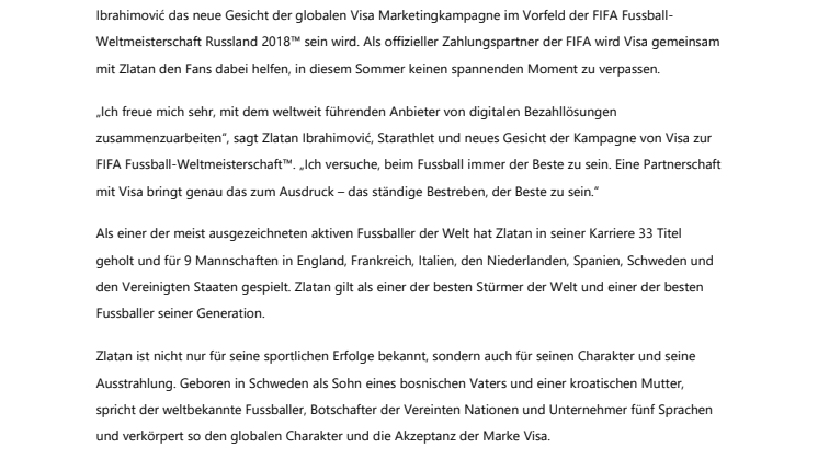 Zlatan Ibrahimović startet Zusammenarbeit mit Visa  vor der FIFA Fussball-Weltmeisterschaft 2018 Russland™