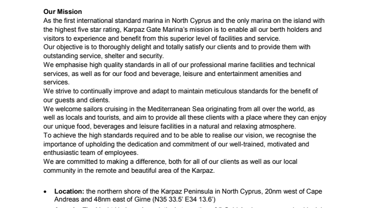 Karpaz Gate Marina Fact Sheet