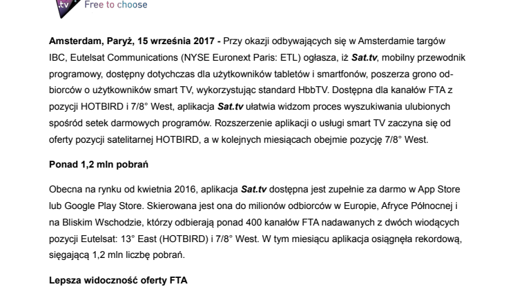 Aplikacja Sat.tv dostępna na odbiornikach smart TV 