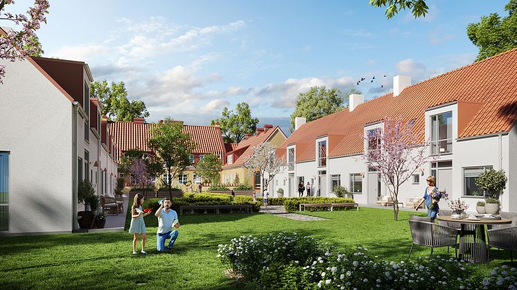 Visionsbild över de nya bostäderna i den södra delen av planområdet, sett från Karabyvägen. Illustration: GBJ Bygg.