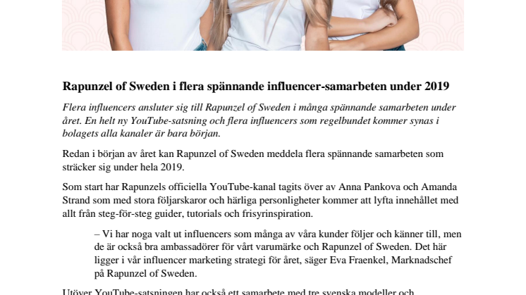 Rapunzel of Sweden i flera spännande influencer-samarbeten under 2019