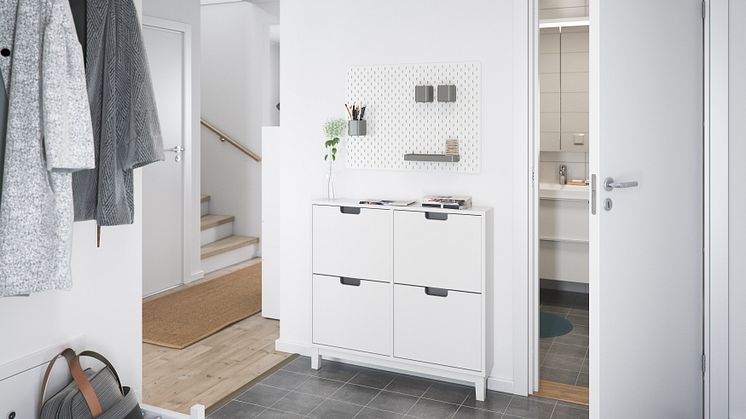 Illustration av interiör, hall, BoKlok småhus, 2021. 
