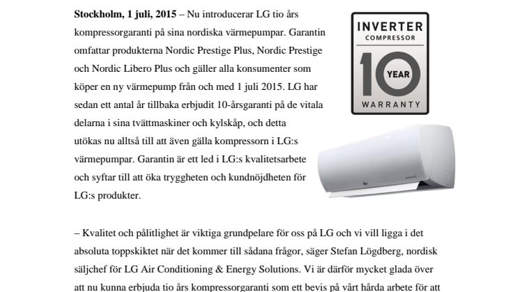 LG INTRODUCERAR TIO ÅRS KOMPRESSORGARANTI PÅ SINA NORDISKA VÄRMEPUMPAR