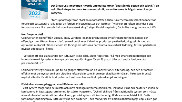 Svenska CabinAir tilldelas CES® 2022 Innovation Awards Honoree för "Enastående design och teknik"