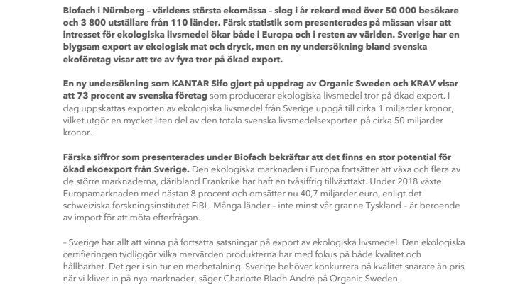 TRE AV FYRA EKOFÖRETAG TROR PÅ ÖKAD EXPORT