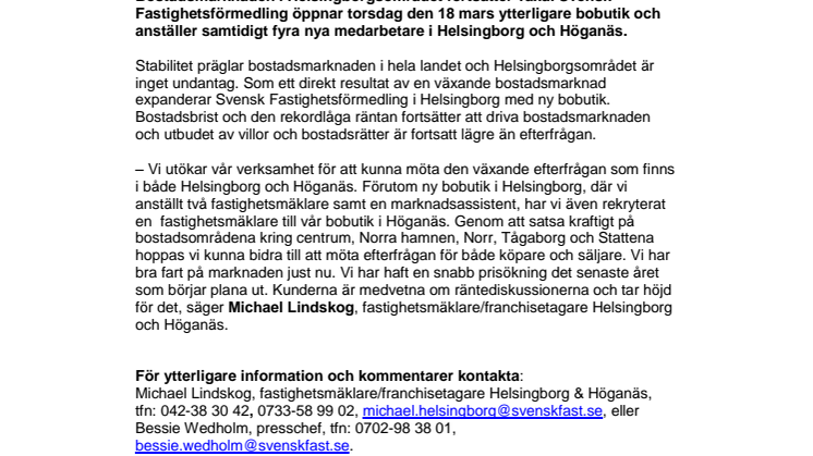 Pressmeddelande: Svensk Fastighetsförmedling expanderar i Helsingborg 