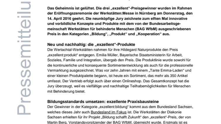 BAG WfbM verleiht „exzellent“-Preis auf Werkstätten:Messe 2016