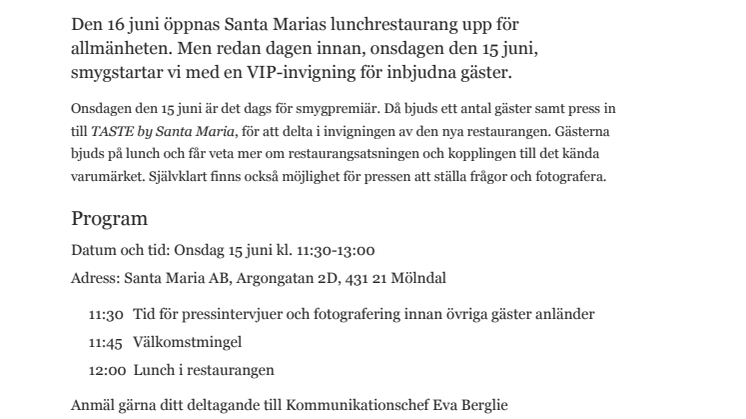 ​PRESSINBJUDAN: VIP-invigning av Santa Marias restaurang i Mölndal
