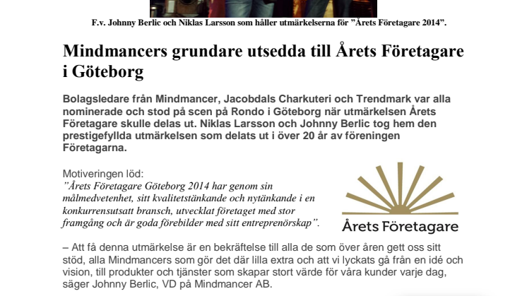 Mindmancers grundare utsedda till Årets Företagare i Göteborg