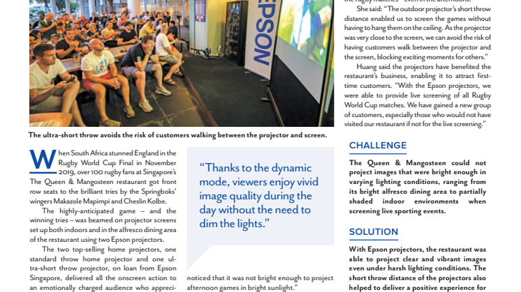 Epson projectors deliver front row action from Rugby World Cup