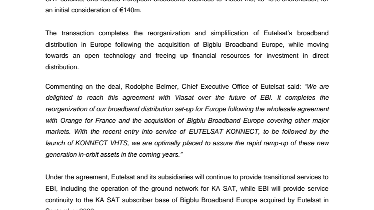 Eutelsat to dispose of its interest in Euro Broadband Infrastructure 