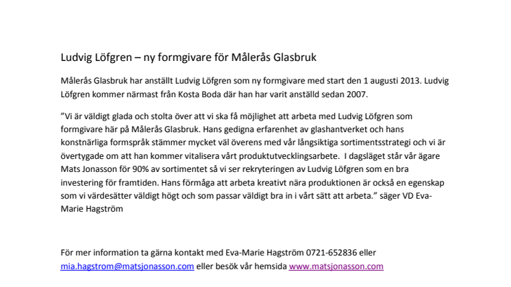 Ludvig Löfgren – ny formgivare för Målerås Glasbruk