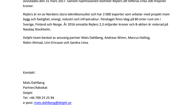 Delphi rådgivare till Rejlers (publ.) vid övertecknad företrädesemission 