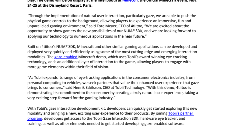 4tiitoo and Tobii Expand Gaming Experience With Gaze-enabled Demo of Minecraft