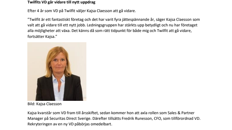 Twilfits VD går vidare till nytt uppdrag
