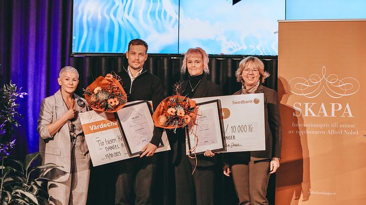 Fr v Angelica Ekholm, vd Dalarna Science Park, Daniel Björkman, prisvinnare SKAPA-talang, Linnéa Falkinger, SKAPA-priset för Dalarnas län och Helena Höij, landhövding Dalarnas län.