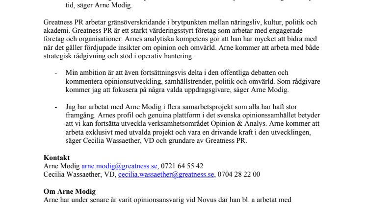 Arne Modig börjar som seniorrådgivare på Greatness PR