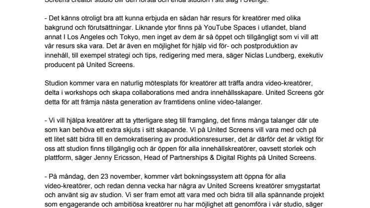 United Screens öppnar den första “Creator Studion” i Sverige och välkomnar alla kreatörer och innehållsskapare av online video 