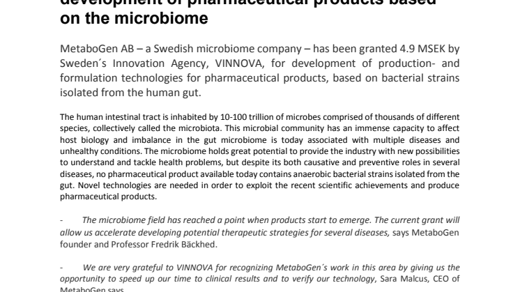 MetaboGen AB receives 4.9 MSEK for development of pharmaceutical products based on the microbiome