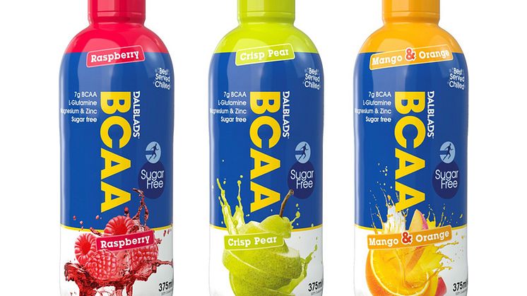 BCAA-drycker från Dalblads i smakerna hallon, päron och mango/apelsin.