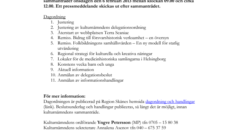 Kulturnämnden sammanträder den 6 februari