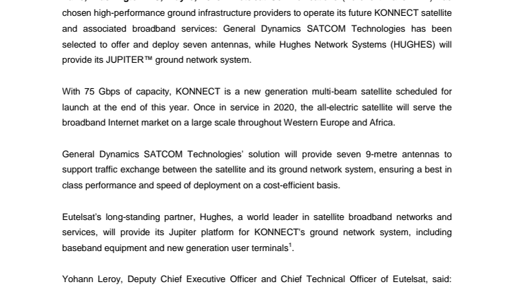 Eutelsat selects ground infrastructure providers for its KONNECT satellite programme 