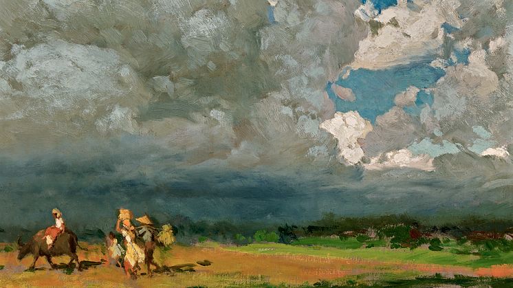 Fernando Amorsolo- Høstarbejdere på vej hjem fra marken. Optrækkende uvejr. Sign. Olie på lærred. 33 x 48..tif