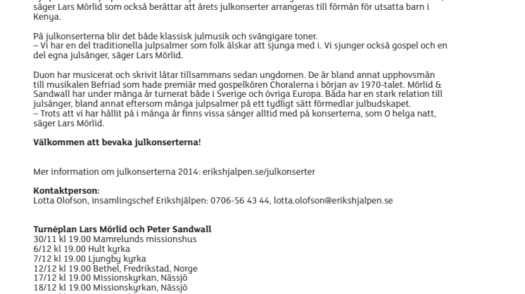 Julkonsert med Lars Mörlid och Peter Sandwall december 2014
