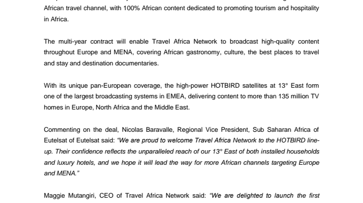 Eutelsat’s HOTBIRD position selected by Travel Africa Network to launch first HD African Travel Channel 