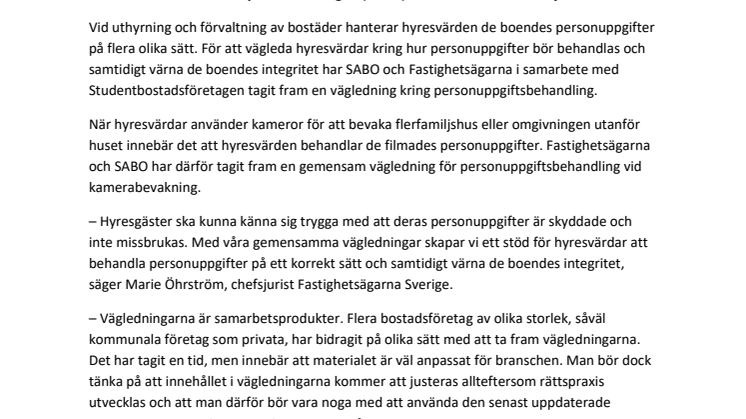 SABO och Fastighetsägarna lanserar vägledningar för personuppgiftsbehandling enligt GDPR