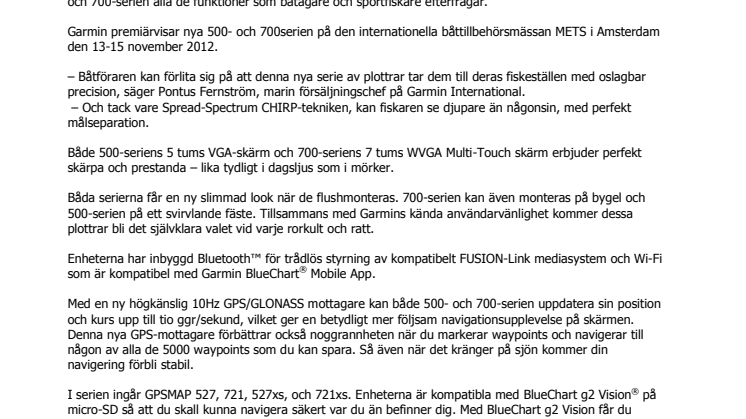 Garmin® presenterar nya GPSMAP® 500 och 700serien