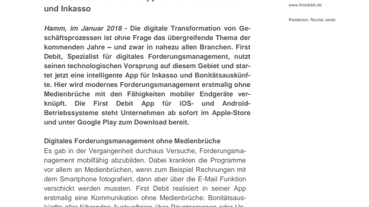 Digitalisierung im Forderungsmanagement: First Debit startet mobile App für Bonitätsauskünfte  und Inkasso