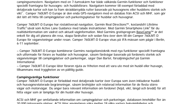 Garmin lanserar Camper 760LMT-D Europe – en ny navigator för campingsemestern  