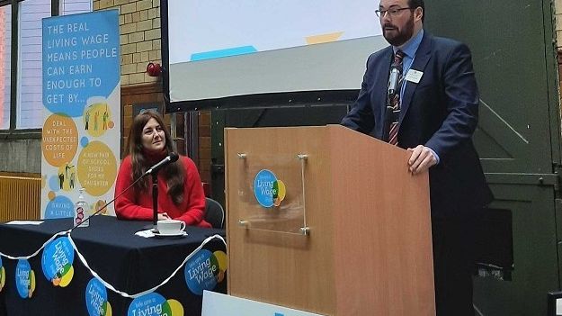 Council leader Eamonn O'Brien at today's GM Real Living Wage announcement.