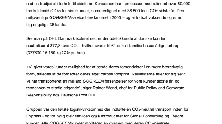 Deutsche Post DHL sender omkring en milliard GOGREEN forsendelser om året