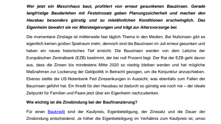 Niedrigzinsen sichern Bauherren günstige Konditionen & Festzinssatz gibt 30 Jahre Planungssicherheit für monatliche Rate